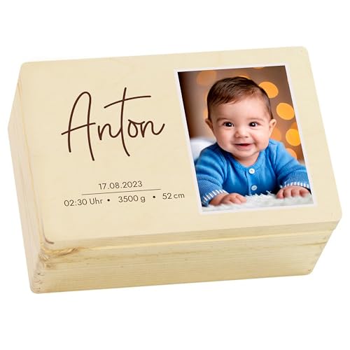LAUBLUST Erinnerungsbox Baby mit Foto Personalisiert - Geschenk zur Geburt mit Bild & Name | Farbfoto, Größen S, M, L - Kinder Erinnerungskiste aus Holz für Mädchen & Jungen | Holzkiste Natur - FSC® von LAUBLUST