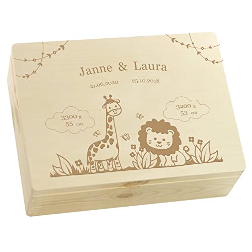 LAUBLUST Erinnerungsbox für Zwei Kinder - Natur - 40 x 30 x 14 cm - Dschungel Serie - Aufbewahrungsbox Kinder - Geschenke für Geschwister Personalisiert - Geschenke für Zwillinge zur Geburt von LAUBLUST