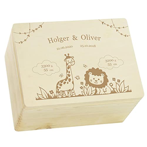 LAUBLUST Erinnerungsbox für Zwei Kinder - Natur - 40 x 30 x 24 cm - Dschungel Serie - Aufbewahrungsbox Kinder - Geschenke für Geschwister Personalisiert - Geschenke für Zwillinge zur Geburt von LAUBLUST