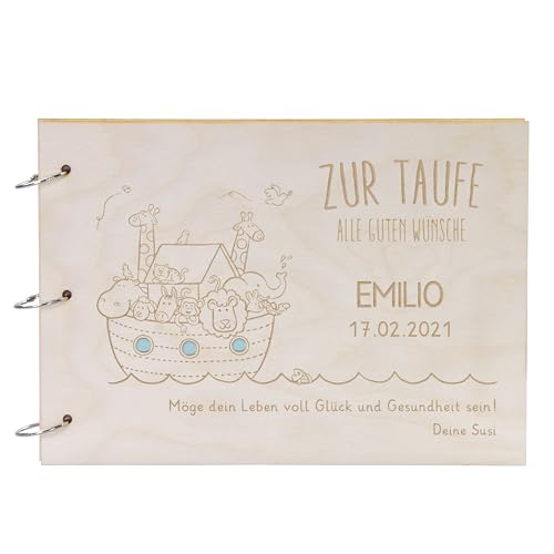 LAUBLUST Fotoalbum Baby personalisiert mit Gravur - Gästebuch für Babyparty aus Holz - Arche Noah | natur, A4 Format - Erinnerungsbuch zum Selbstge | Geschenk zur Geburt & Taufe von LAUBLUST