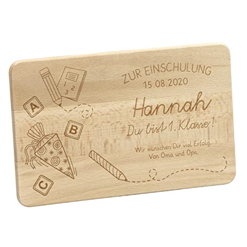 LAUBLUST Frühstücksbrettchen mit Gravur - Personalisiert mit DATUM | NAME | WIDMUNG - Buche Naturbelassen ca. 24 x 15 x 1 cm, FSC® - Schultüte Motiv - Schneidebrett zum Schulanfang von LAUBLUST