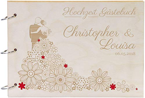 LAUBLUST Fotoalbum & Gästebuch aus Holz personalisiert mit Gravur - Blumenkleid Motiv | Natur, A4 Format - Geschenk zur Hochzeit von LAUBLUST