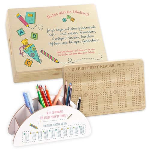 LAUBLUST Geschenk-Set für Erstklässler - Geschenk zur Einschulung mit Text | Schreibtisch Organizer, Frühstücksbrettchen, Erinnerungskiste als Geschenkset für Schulkinder - Geschenke für Schulanfänger von LAUBLUST