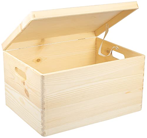 LAUBLUST Große Holzkiste Deckel und Griffe - 40x30x24cm, Natur, FSC® | Allzweck-Kiste aus Holz - Aufbewahrungskiste | Geschenk-Verpackung | Deko-Kasten zum Basteln | Spielzeug-Truhe | Erinnerungsbox von LAUBLUST