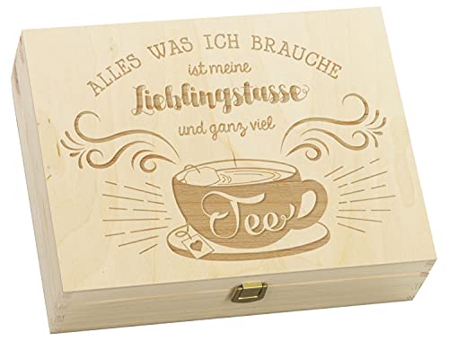 LAUBLUST Große Teebox mit Gravur - ca. 29x22x8 cm | 12 Fächer - Teekiste mit Schnappverschluss - Teebeutelspender aus Holz | Geschenk für Teeliebhaber (Natur, Lieblingstasse) von LAUBLUST