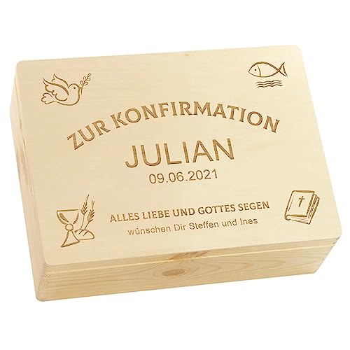 LAUBLUST Holzkiste zur Konfirmation - Personalisiert mit Datum, Name, Widmung - Kirchen Symbole | L - ca. 40 x 30 x 14 cm - Geschenkkiste Personalisiert mit Gravur, FSC® von LAUBLUST