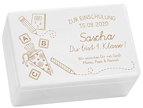 LAUBLUST Holzkiste mit Gravur - Personalisiert mit Datum | Name | WIDMUNG - Weiß, Größe M - Schultüte Motiv - Geschenkkiste zur Einschulung von LAUBLUST