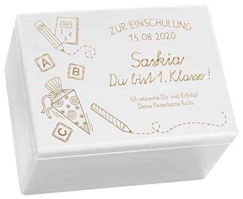 LAUBLUST Holzkiste mit Gravur - Personalisiert mit Datum | Name | WIDMUNG - Weiß, Größe XL - Schultüte Motiv - Geschenkkiste zur Einschulung von LAUBLUST