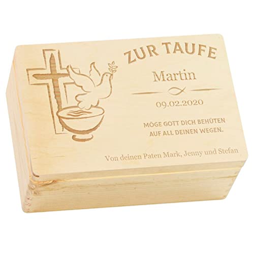 LAUBLUST Holzkiste mit Gravur - Personalisiert mit Name | Datum | WIDMUNG - Natur Größe M - Friedenstaube Motiv - Geschenkkiste zur Taufe - FSC® von LAUBLUST