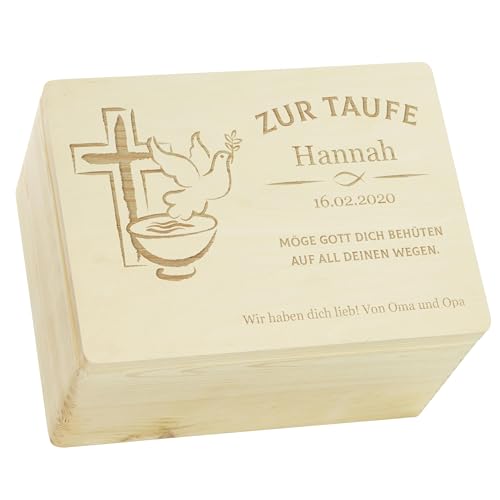 LAUBLUST Holzkiste mit Gravur - Personalisiert mit Name | Datum | WIDMUNG - Natur Größe XL - Friedenstaube Motiv - Geschenkkiste zur Taufe - FSC® von LAUBLUST