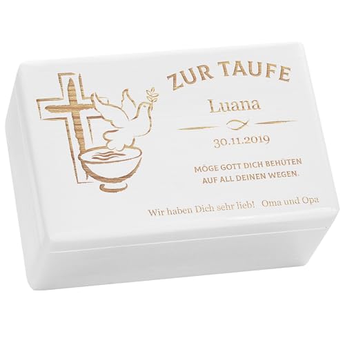 LAUBLUST Holzkiste mit Gravur - Personalisiert mit Name | Datum | WIDMUNG - Weiß, Größe M - Friedenstaube Motiv - Geschenkkiste zur Taufe von LAUBLUST