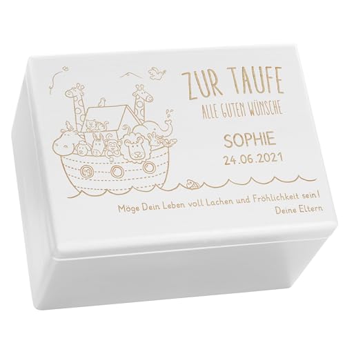 LAUBLUST Holzkiste mit Gravur - Personalisiert mit Name | Datum | WIDMUNG - Weiß Größe XL - Arche Noah Motiv - Geschenkkiste zur Taufe von LAUBLUST