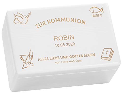 LAUBLUST Holzkiste zur Kommunion - Kirchen Symbole - Geschenkkiste Personalisiert mit Gravur - ca. 30x20x14cm, Weiß, FSC® von LAUBLUST