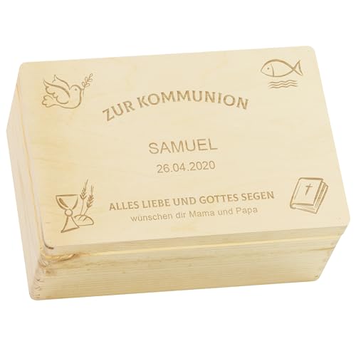 LAUBLUST Holzkiste zur Kommunion - Kirchen Symbole Motiv | Geschenkkiste Personalisiert mit Gravur, FSC® (Natur, ca. 30 x 20 x 14 cm | M) von LAUBLUST