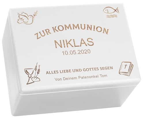 LAUBLUST Holzkiste zur Kommunion - Kirchen Symbole Motiv | Geschenkkiste Personalisiert mit Gravur, FSC® (Weiß, ca. 40 x 30 x 24 cm | XL) von LAUBLUST