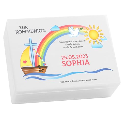 LAUBLUST Holzkiste zur Kommunion - Regenbogen Farbmotiv | Personalisiertes Kommunion-Geschenk, FSC® (Weiß, ca. 40 x 30 x 14 cm | L) von LAUBLUST