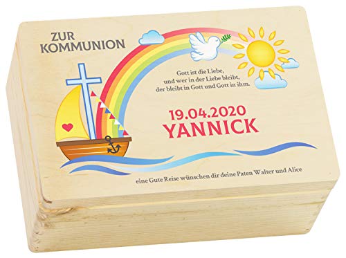 LAUBLUST Holzkiste zur Kommunion - Regenbogen Farbmotiv | Personalisiertes Kommunion-Geschenk, FSC® (Natur, ca. 30 x 20 x 14 cm | M) von LAUBLUST