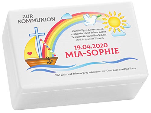 LAUBLUST Holzkiste zur Kommunion - Regenbogen Farbmotiv | Personalisiertes Kommunion-Geschenk, FSC® (Weiß, ca. 30 x 20 x 14 cm | M) von LAUBLUST