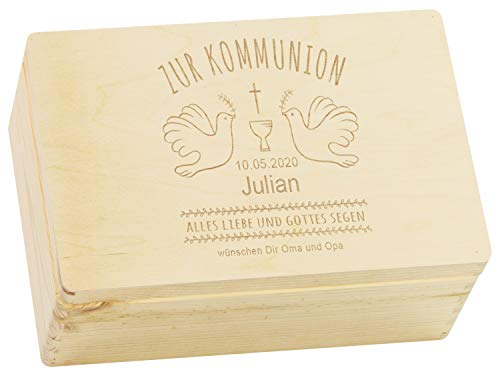 LAUBLUST Holzkiste zur Kommunion - Tauben Motiv | Geschenkkiste Personalisiert mit Gravur, FSC® (Natur, ca. 30 x 20 x 14 cm | M) von LAUBLUST