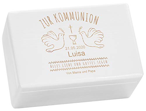 LAUBLUST Holzkiste zur Kommunion - Tauben Motiv | Geschenkkiste Personalisiert mit Gravur, FSC® (Weiß, ca. 30 x 20 x 14 cm | M) von LAUBLUST