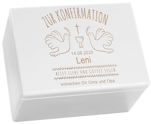 LAUBLUST Holzkiste zur Konfirmation - Geschenkkiste Personalisiert mit Gravur - Tauben Motiv | Personalisiertes Konfirmationsgeschenk mit Name & Datum, FSC® (Weiß, ca. 40 x 30 x 24 cm | XL) von LAUBLUST