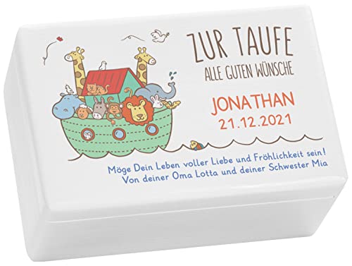 LAUBLUST Holzkiste zur Taufe - Arche Noah Farbmotiv - Personalisiertes Taufgeschenk - ca. 30 x 20 x 14 cm, Weiß, FSC® von LAUBLUST