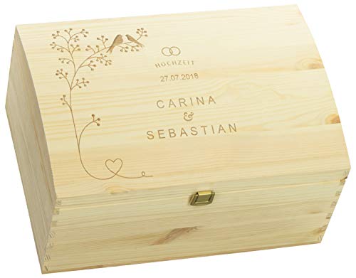 LAUBLUST Holztruhe zur Hochzeit mit Verschluss - Personalisierte Geschenkkiste mit Gravur | ca. 35x25x19 cm - Hochzeitstruhe personalisiert mit Namen & Datum - FSC® (Vogel-Pärchen, Natur ohne Schlitz) von LAUBLUST