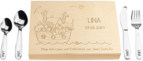 LAUBLUST Kinderbesteck mit Namensgravur - Arche Noah Gravur & Geschenkbox Natur | Besteck mit Namen - Geschenk zur Taufe für Kinder - Taufgeschenke für Jungen & Mädchen | Edelstahl - inkl. Holzkiste von LAUBLUST