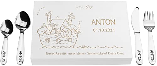 LAUBLUST Kinderbesteck mit Namensgravur - Arche Noah Gravur & Geschenkbox weiß | Besteck mit Namen - Geschenk zur Taufe für Kinder - Taufgeschenke für Jungen & Mädchen | Personalisierte Erinnerungsbox von LAUBLUST