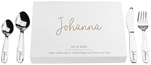 LAUBLUST Kinderbesteck mit Namensgravur - Niers Gravur & Geschenkbox weiß | Besteck mit Namen - Geschenk zur Taufe für Kinder - Taufgeschenke für Jungen & Mädchen | Personalisierte Erinnerungsbox von LAUBLUST