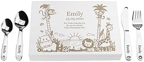 LAUBLUST Kinderbesteck mit Namensgravur - Dschungel Gravur & Geschenkbox weiß | Besteck mit Namen - Geschenk zur Taufe für Kinder - Taufgeschenke für Jungen & Mädchen | Personalisierte Erinnerungsbox LAUBLUST Kinderbesteck mit Namensgravur - Dschungel Gravur & Geschenkbox weiß | Besteck mit Namen - Geschenk zur Taufe für Kinder - Taufgeschenke für Jungen & Mädchen | Personalisierte Erinnerungsbox von LAUBLUST