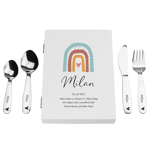 LAUBLUST Kinderbesteck mit Namensgravur - Regenbogen UV-Druck & Geschenkbox weiß | Besteck mit Namen - Geschenk zur Taufe für Kinder - Taufgeschenke für Jungen & Mädchen | Edelstahl - inkl. Holzkiste LAUBLUST Kinderbesteck mit Namensgravur - Regenbogen UV-Druck & Geschenkbox weiß | Besteck mit Namen - Geschenk zur Taufe für Kinder - Taufgeschenke für Jungen & Mädchen | Edelstahl - inkl. Holzkiste von LAUBLUST