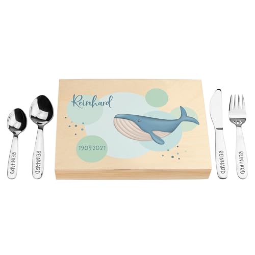 LAUBLUST Kinderbesteck mit Namensgravur - Wal UV-Druck & Geschenkbox natur | Besteck mit Namen - Geschenk zur Taufe für Kinder - Taufgeschenke für Jungen & Mädchen | Personalisierte Erinnerungsbox von LAUBLUST