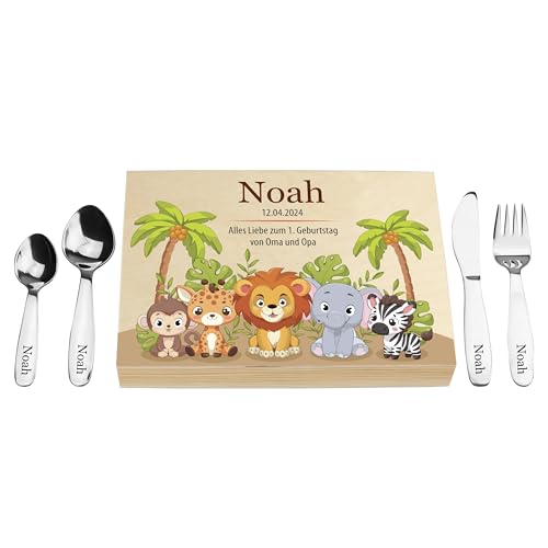 LAUBLUST Kinderbesteck mit Namensgravur - Safari Motiv | Geschenkbox Natur - Besteck mit Namen | Geschenk zur Taufe für Kinder - Taufgeschenke für Jungen & Mädchen | Personalisierte Erinnerungsbox von LAUBLUST
