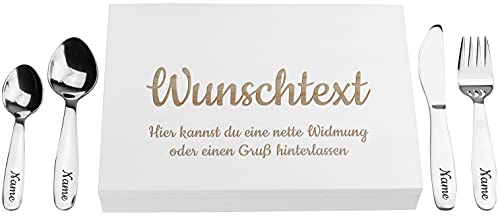 LAUBLUST Kinderbesteck mit Namensgravur - Wunschtext Gravur & Geschenkbox weiß | Besteck mit Namen - Geschenk zur Taufe für Kinder - Taufgeschenke für Jungen & Mädchen | Personalisierte Erinnerungsbox von LAUBLUST