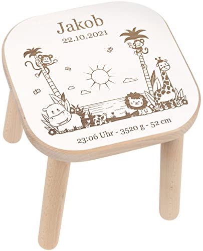 LAUBLUST Kinderhocker Personalisiert mit Namen - Kinderstuhl Holz mit Druck, Höhe ca. 29cm | Geschenk für Kinder (Dschungel, Farbige) von LAUBLUST