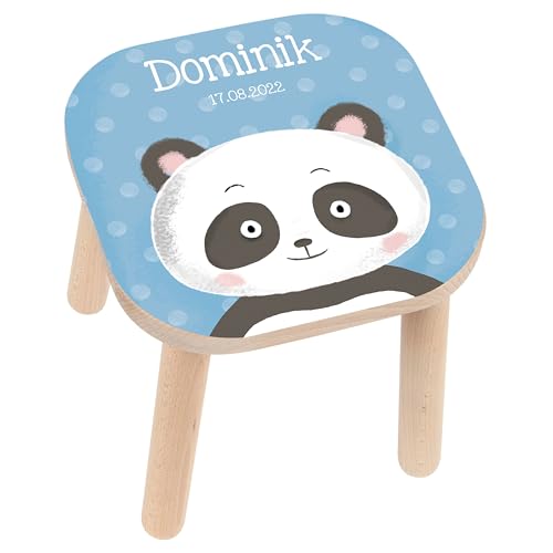 LAUBLUST Kinderhocker Personalisiert mit Namen - Kinderstuhl Holz mit Druck, Höhe ca. 29cm | Geschenk für Kinder (Panda, Farbige) von LAUBLUST