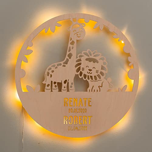 LAUBLUST Nachtlicht Kinderzimmer Personalisiert - Löwe & Giraffe - 30x0,4 cm - Natur - Wandlampe Holz für Geschwister - Einschlafhilfe für Zwillinge - Wandleuchte Kinderzimmer Zwillinge von LAUBLUST
