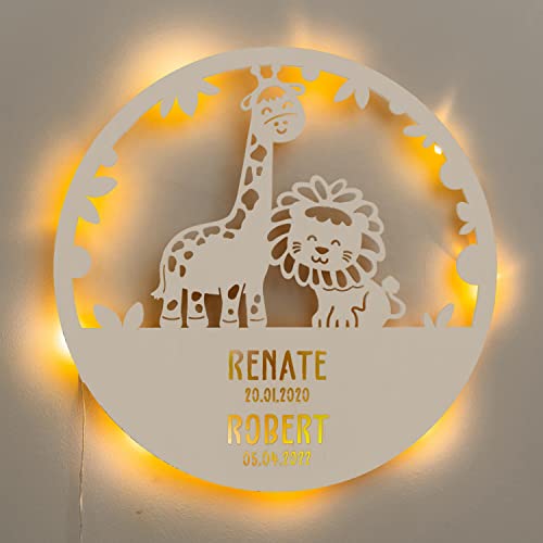 LAUBLUST Nachtlicht Kinderzimmer Personalisiert - Löwe & Giraffe - 30x0,4 cm - Weiß - Wandlampe für Zwillinge - Baby Einschlafhilfe - Wandleuchte Kinderzimmer für Geschwister von LAUBLUST