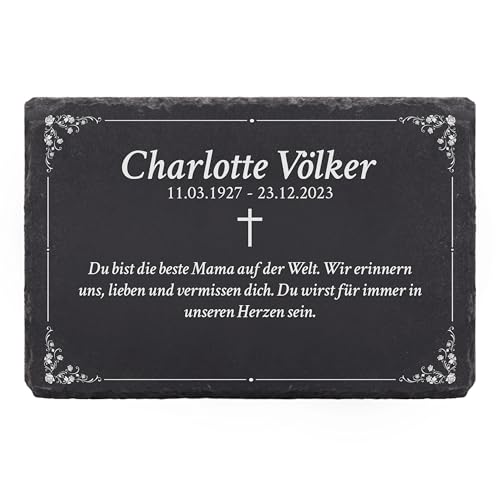 LAUBLUST Personalisierte Grabplatte als Grabschmuck für Menschen mit Wunschtext | Schieferplatte mit Gravur als Grabstein Deko & Grabtafel - Floral Motiv, 3 Größen | Schöne Grabsteine mit Name von LAUBLUST