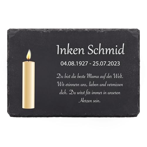 LAUBLUST Personalisierte Grabplatte als Grabschmuck für Menschen mit Wunschtext | Schieferplatte mit Gravur als Grabstein Deko & Grabtafel - Gedenkkerze, 3 Größen | Schöne Grabsteine mit Name von LAUBLUST