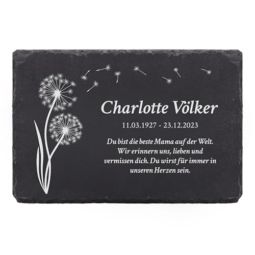 LAUBLUST Personalisierte Grabplatte als Grabschmuck für Menschen mit Wunschtext | Schieferplatte mit Gravur als Grabstein Deko & Grabtafel - Pusteblume, 3 Größen | Schöne Grabsteine mit Name von LAUBLUST