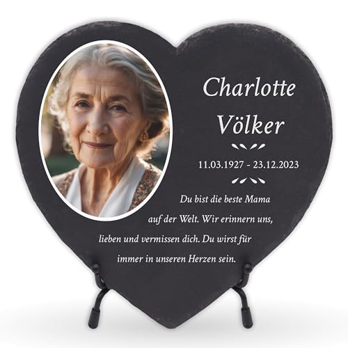LAUBLUST Personalisierte Grabplatte als Grabschmuck für Menschen mit Wunschtext | Schieferplatte mit Gravur als Grabstein Deko & Grabtafel in Herzform - Erinnerung, 3 Größen | Grabsteine mit Foto von LAUBLUST