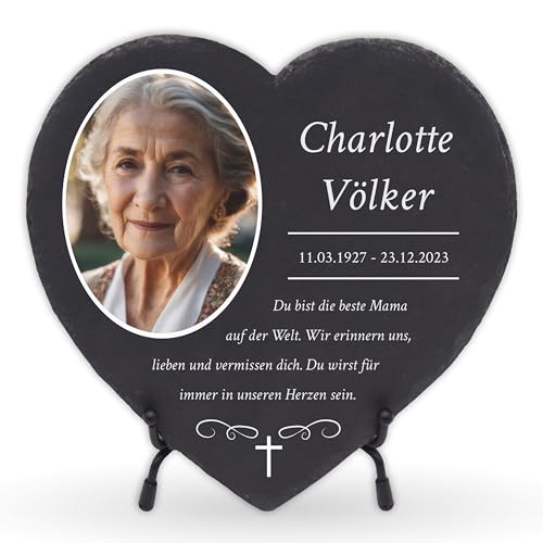 LAUBLUST Personalisierte Grabplatte als Grabschmuck für Menschen mit Wunschtext | Schieferplatte mit Gravur als Grabstein Deko & Grabtafel in Herzform - Kreuz, 3 Größen | Grabsteine mit Name & Foto von LAUBLUST