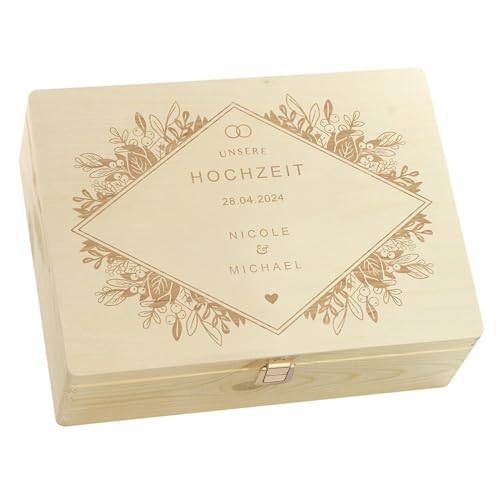 LAUBLUST Personalisierte Hochzeitskiste Erinnerung | Hochzeits Erinnerungsbox mit Gravur - Florale Raute | Geschenke für Brautpaar - FSC® (Natur mit Verschluss, ca. 40 x 30 x 14 cm | L) von LAUBLUST