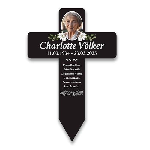 LAUBLUST Personalisiertes Acryl-Grabkreuz als Grabschmuck für Menschen mit Wunschtext | Grabstecker Kreuz mit Foto als Deko & Grabkreuz mit Name - Blumen Motiv, 2 Größen | Grabschmuck mit Gravur von LAUBLUST