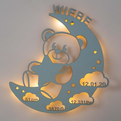 LAUBLUST Schlummerlicht Bär im Mond - Personalisiertes Baby-Geschenk zur Geburt & Taufe - LED Beleuchtung | Himmelblau von LAUBLUST
