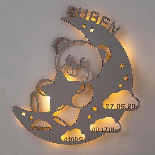 LAUBLUST Schlummerlicht Bär im Mond - Personalisiertes Baby-Geschenk zur Geburt & Taufe - LED Beleuchtung | Mausgrau von LAUBLUST