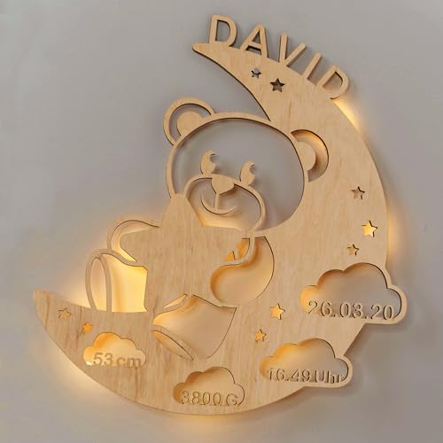 LAUBLUST Schlummerlicht Bär im Mond - Personalisiertes Baby-Geschenk zur Geburt & Taufe - LED Beleuchtung | Natur von LAUBLUST