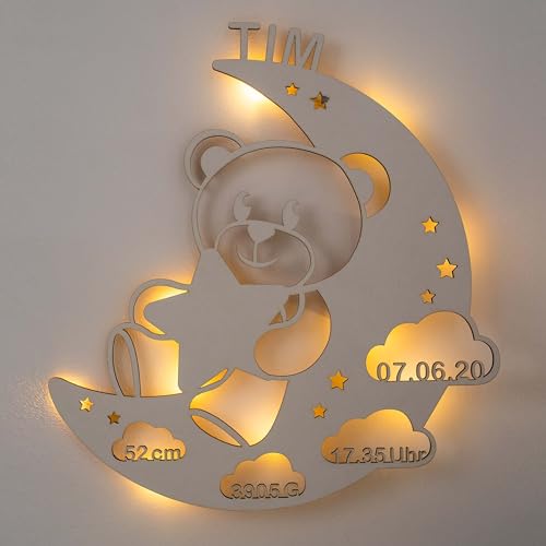 LAUBLUST Schlummerlicht Bär im Mond - Personalisiertes Baby-Geschenk zur Geburt & Taufe - LED Beleuchtung | Weiß von LAUBLUST